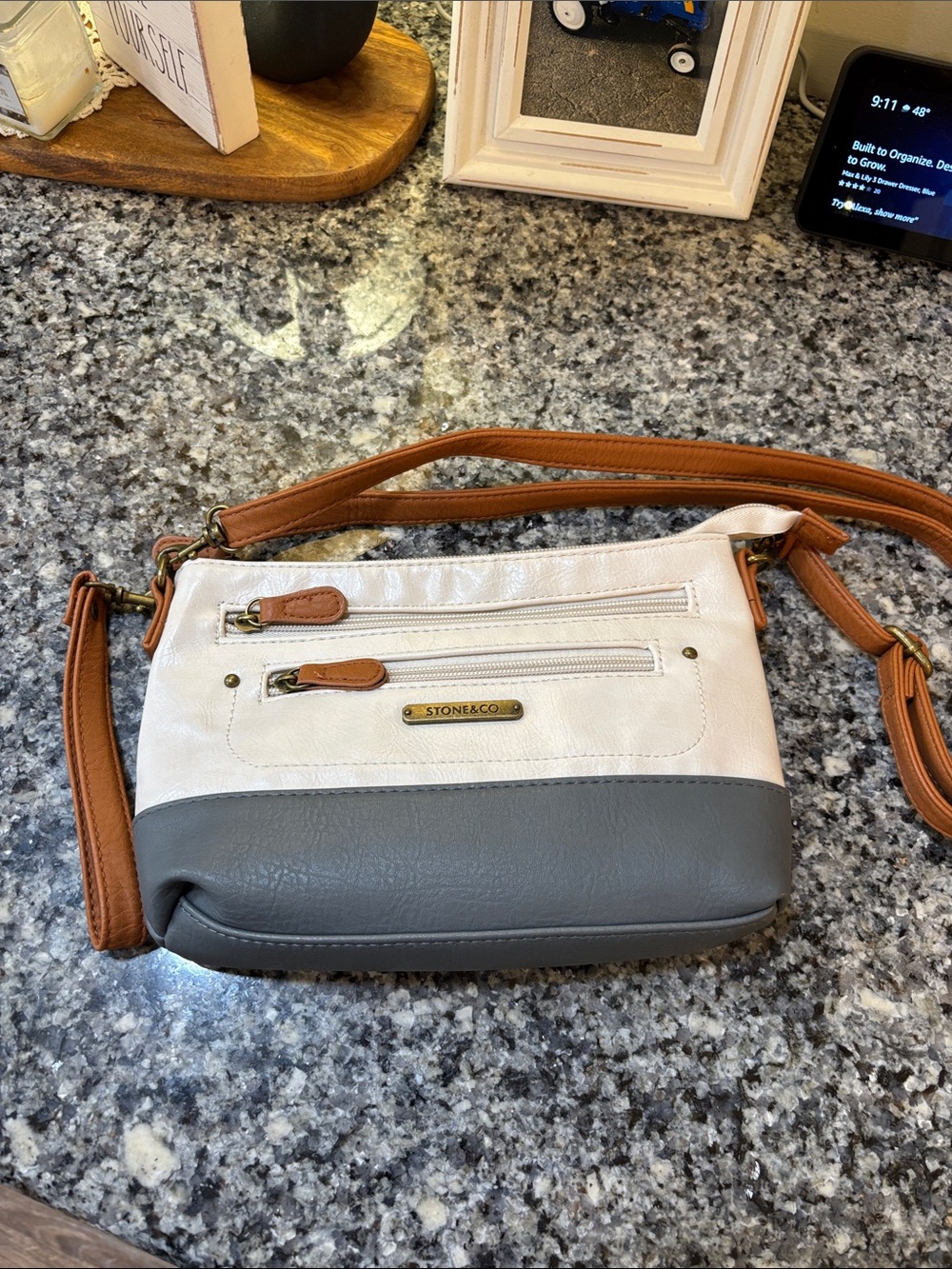 Stone & Co. White and Gray Crossbody Bag with Tan Strap
